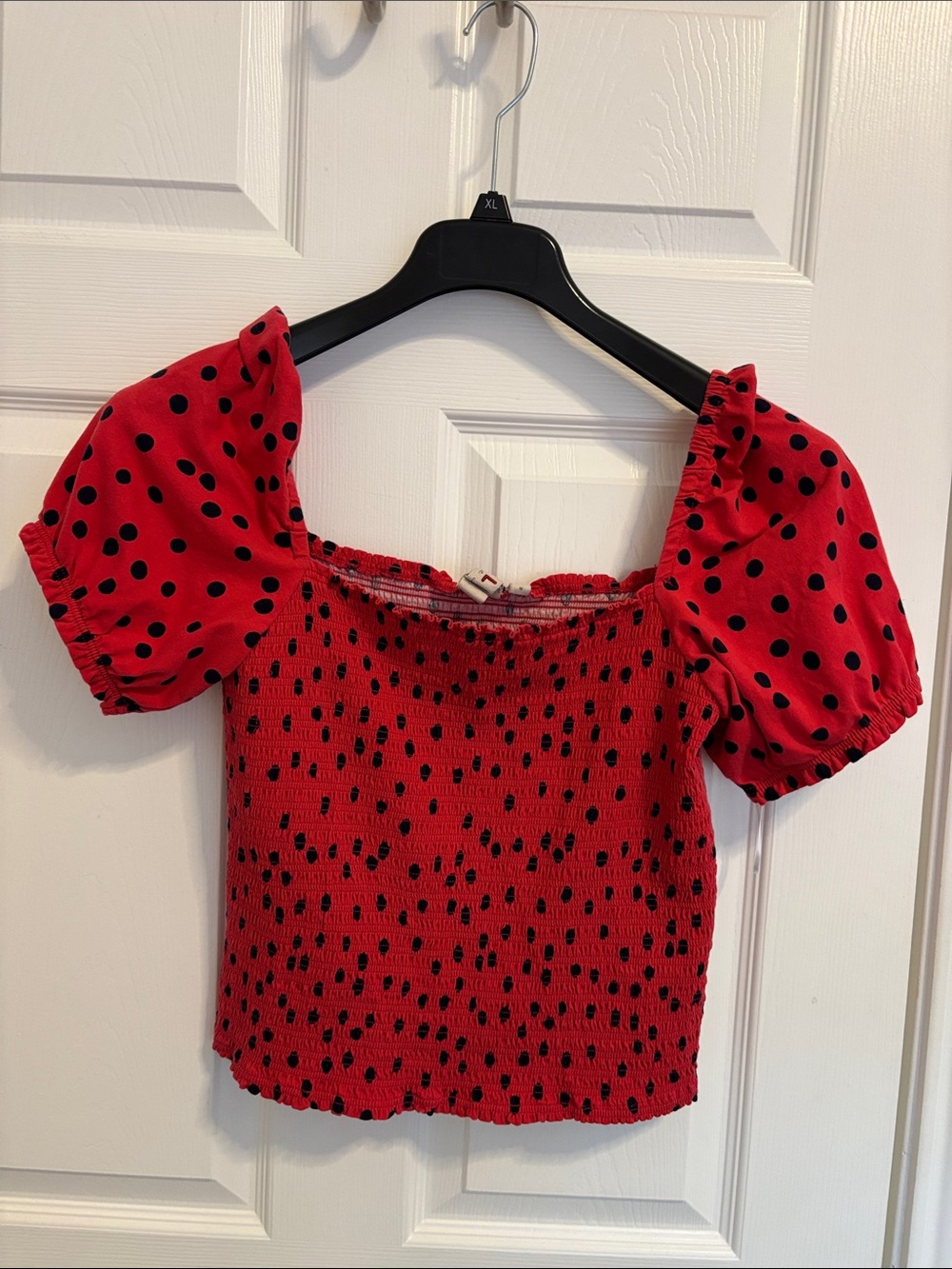 dolan Red Black Polka Dot Puff Sleeve Smocked Crop Top size m